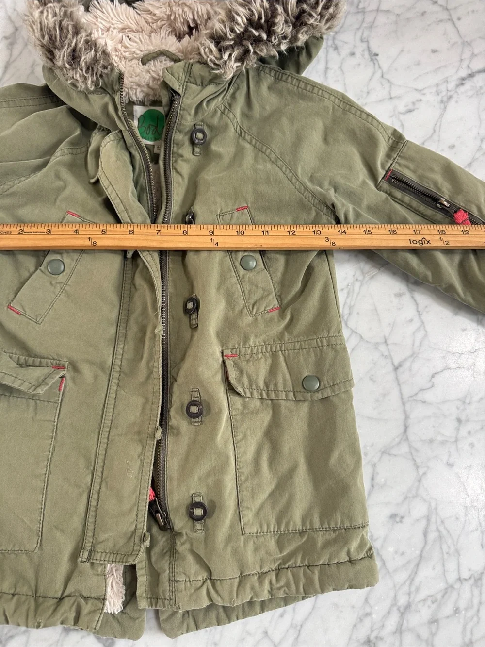 Mini Boden Kids Olive Green Faux-Fur Lined Parka Jacket Sz 4/5Y